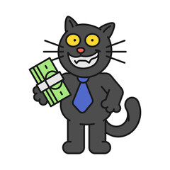 Black cat holds wad money and smiles