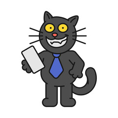 Black cat holds smartphone and smiles