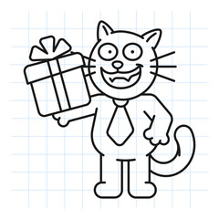 Doodle black cat holds gift box and smiles