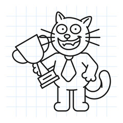 Doodle black cat holds gold cup and smiles