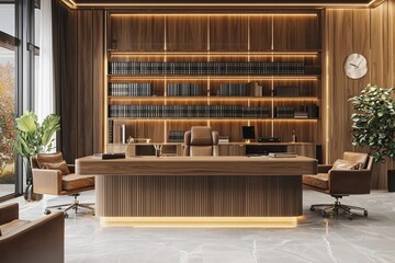 Elegant Modern Office Interior with Wood Accents and Shelving