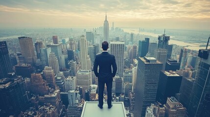 A businessman stands on a rooftop overlooking a sprawling cityscape at sunset. The scene is filled with the warm glow of the setting sun and the cool tones of the city's buildings.