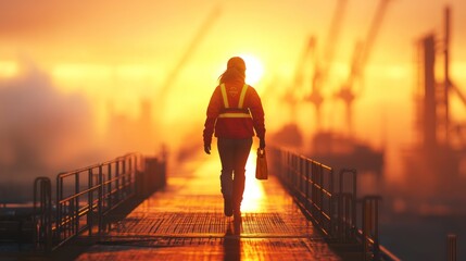 Fototapeta premium Silhouette of a Woman Walking towards the Sunrise