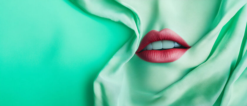 Sensual Womans Lips Partially Hidden by Mint Green Silk Fabric