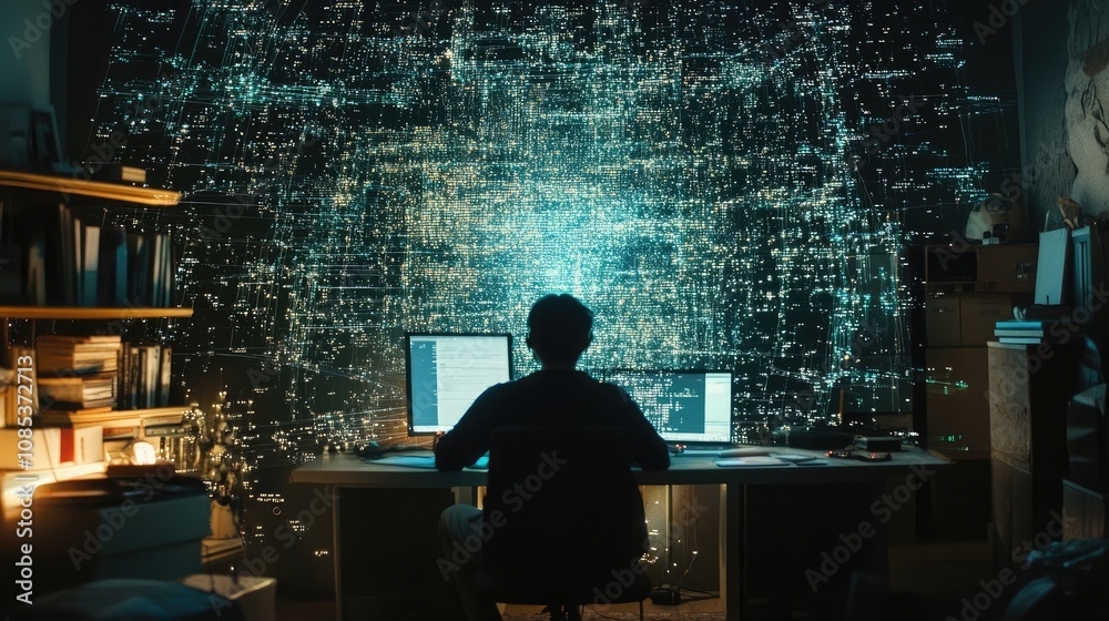 Poster a person sits at their desk, bathed in the glow of multiple screens displaying complex data streams.