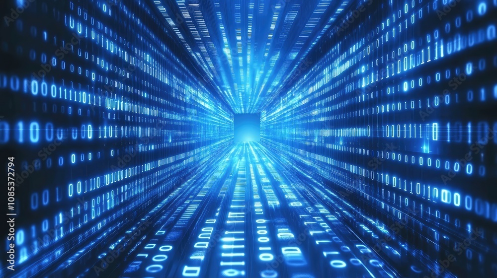 Fototapete Dive into the digital realm with this mesmerizing image of a binary code tunnel. Glowing blue digits create a sense of depth and speed, symbolizing the rapid flow of data in the digital age.
