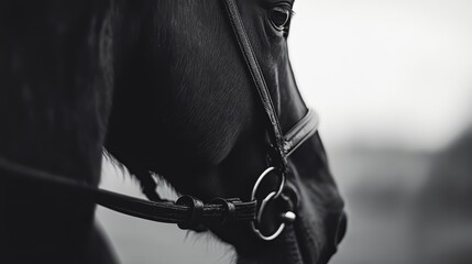A close-up portrait of a black horse's face, captured in monochrome, showcasing the animal's gentle and powerful nature. The bridle and reins add a touch of elegance.