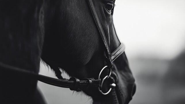 A close-up portrait of a black horse's face, captured in monochrome, showcasing the animal's gentle and powerful nature. The bridle and reins add a touch of elegance.
