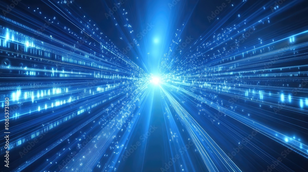 Poster abstract digital data stream flowing towards a bright light source. a dynamic visualization of high-