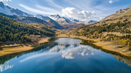 A Serene Mountain Lake with Snow-capped Peaks and Autumnal Colors
