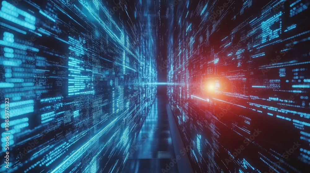 Poster abstract digital tunnel with glowing blue and red binary code. futuristic technology concept.