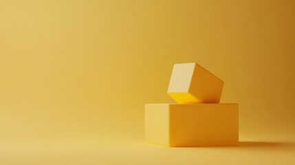 Fototapeta premium Abstract Yellow Cubes Minimalism: Two geometric yellow cubes, one resting atop the other, stand out against a bright yellow background, creating a visually captivating and minimalist composition.