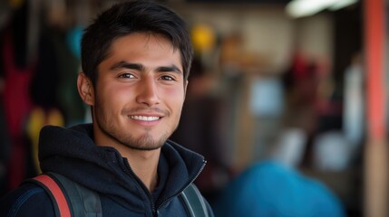 Fototapeta premium A happy Hispanic man smiles warmly, showcasing authenticity and joy in his everyday surroundings