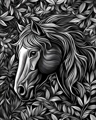 Obraz premium galloping horse with flowing mane tattoo, surrounded by leaves, in detailed woodcut style sketch engraving generative ai raster illustration. Scratch board imitation. Black and white image