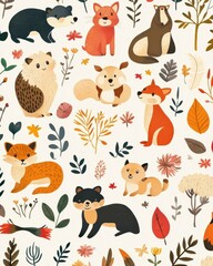 Cute seamless pattern with adorable animals and playful elements