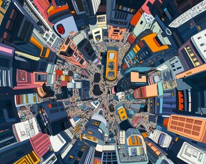 Vibrant aerial view of a bustling city, showcasing colorful buildings and a dense crowd.  Illustrative style.