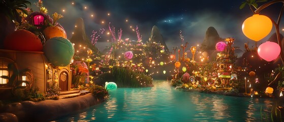Obraz premium Enchanted fantasy village at night, glowing lanterns illuminate whimsical houses along a tranquil river. Magical, dreamy atmosphere.