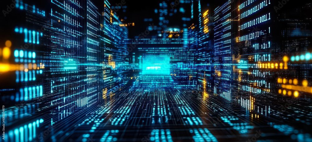 Aufkleber futuristic digital data network in cyberspace with abstract matrix code visualization
