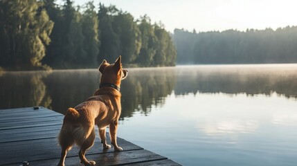 A small brown dog stands on a wooden dock, gazing out at a tranquil lake. The serene morning light bathes the scene in warm, peaceful hues.