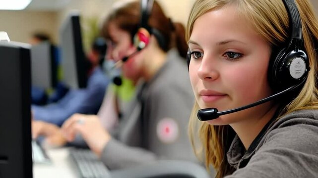 Smiling customer service rep in bright office, helping clients over phone, exuding confidence and professionalism. Cheerful and friendly, approachable and reliable