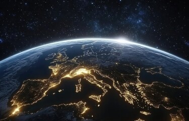 Fototapeta premium Stunning Aerial View of Europe at Night with Glowing Cities and Stars in Space, Capturing the Beauty of the Continent and Its Illuminated Landscapes from Space Perspective