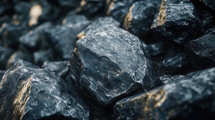 An up-close shot of black rocks and pebbles showing the texture and roughness of the surface.