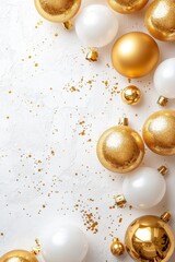 Golden foil holiday balloons arranged on a bright white background, perfect for Christmas and New Year celebrations.