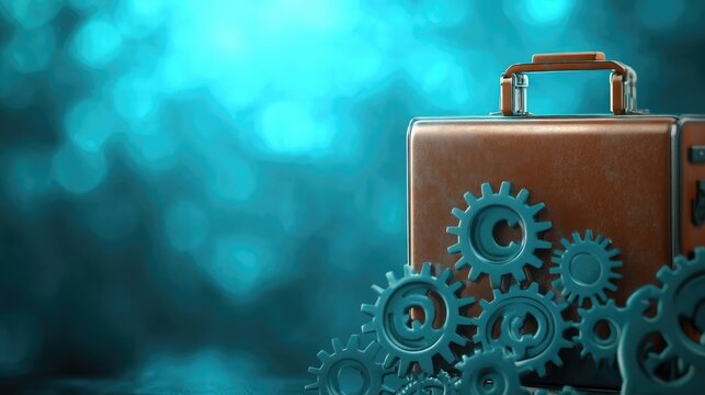 A brown briefcase sits against a teal background, surrounded by teal gears.  The gears feature a copyright symbol.  Concept of intellectual property protection.