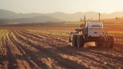 Obraz premium A white autonomous agricultural robot cultivates a field at sunset. The robot is working the earth in rows. The scene is peaceful and golden.