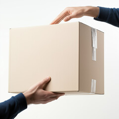 A photo showing two hands in profile passing a large box to another 2 hands. The background should be white, with only the hands and box visible, realistic colors, blue clothes, AI generated