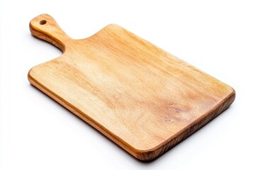 Fototapeta premium Wooden Cutting Board Isolated on a White Background. Rustic wood cutting board with Handle. Banner. Cooking utensils. Empty Space for Text or Design. Mock up Banner. Podium for Montage Installation.