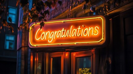 A neon sign with the word "Congratulations" in orange.
