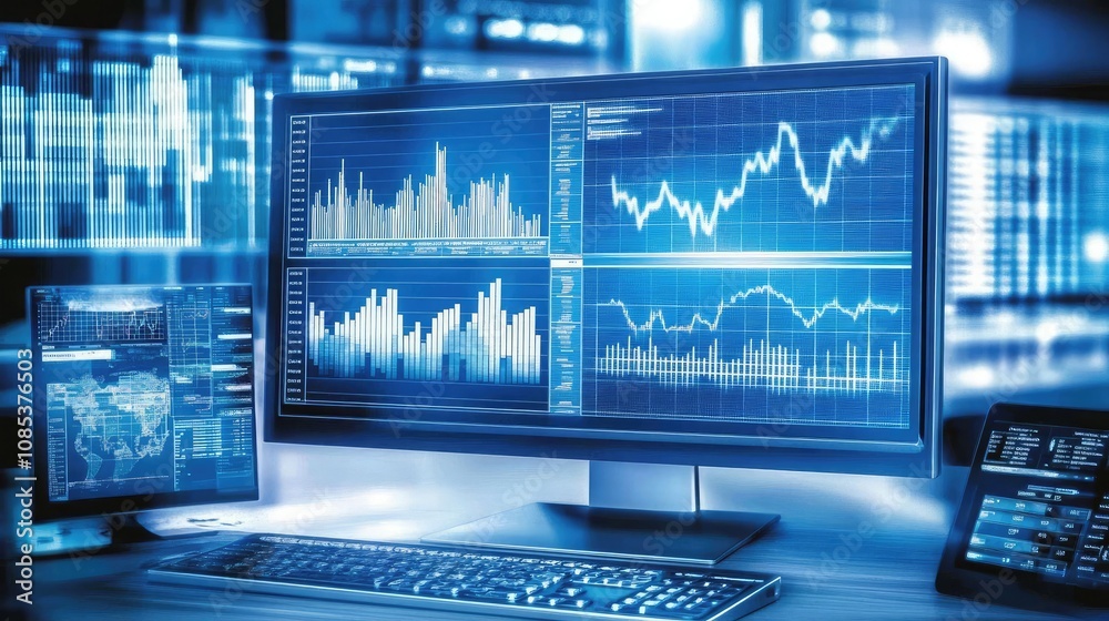 Poster close-up view of a computer screen displaying various financial charts and graphs. the cool blue ton