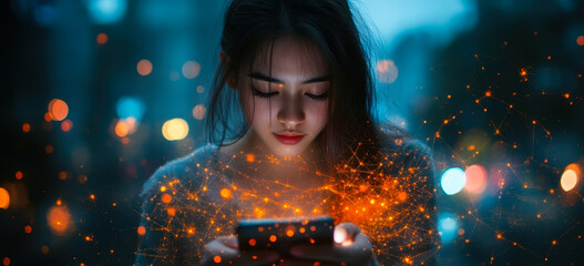 Naklejka premium Woman Connected to Global Network Using Smartphone in Smart City at Night