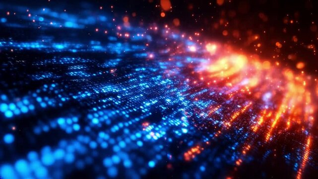 Scene of a wavy data code with blue hologram particles, Slow motion camera with different angles