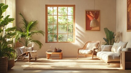 Sunlight streams into a living room, illuminating a minimalist interior with neutral tones and plenty of plants.  A serene and calming atmosphere.
