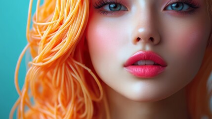 Fototapeta premium Orange Hair & Blue Eyes: A close-up portrait of a woman with vibrant orange hair, captivating blue eyes, and a delicate touch of makeup, exuding confidence and allure.