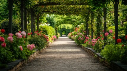 Stone Path Lined with Flowers and a Green Archway