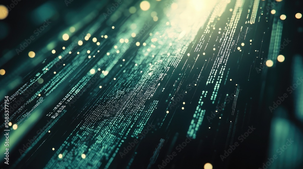 Fototapete Abstract digital data stream. Teal and green glowing lines of code flow downwards, creating a dynamic and futuristic visual.