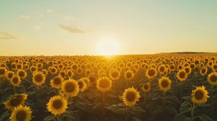 Fototapeta premium Golden hour in a vast sunflower field. The warm sunset light bathes the scene in a beautiful, serene glow.