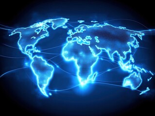 Futuristic Blue Digital World Map with Dots and Lines Representing Global Connectivity and Technology Innovation in a Deep Black Background