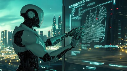 A futuristic robot interacts with a large screen displaying lines of code against a vibrant cityscape backdrop. The scene evokes a sense of technological advancement and artificial intelligence.