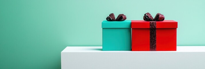 Bight red and turquoise Christmas gift box in negative space, strikingly minimal