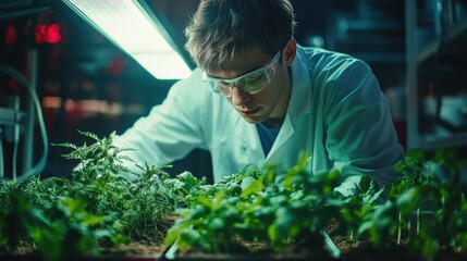 An agricultural scientist studying plant genetics and biotechnology using advanced technology.