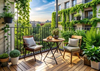 Obraz premium Compact Outdoor Furniture Set on a Small Balcony Surrounded by Lush Greenery for Stylish Urban Living