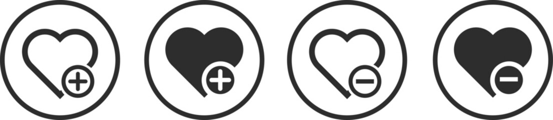 add to wishlist icon set. Love with plus symbol. Favorite product concept. 
