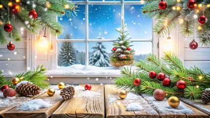 Cozy Christmas Scene with Empty White Wooden Table, Pine Branches, Snow, and Pine Cones for Mock-Up and Product Display