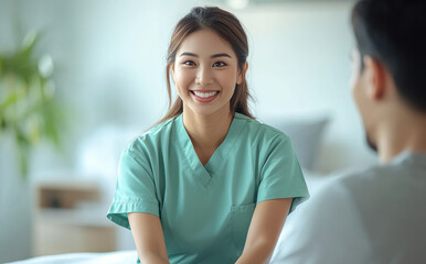 A smiling massage therapist in a green uniform delivers a soothing massage to a male client in a tranquil spa room, highlighting wellness and relaxation.