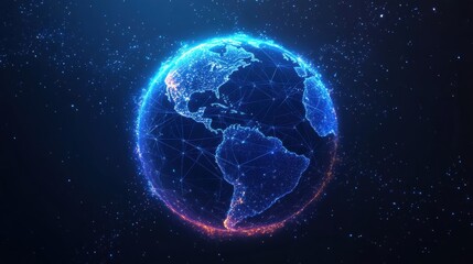 Stunning Digital Earth Representation with Glowing Network Connections and Stars in a Dark Outer Space Setting for Technology and Global Connectivity Themes