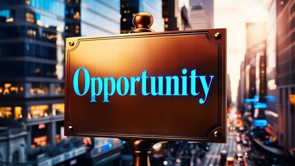 Glowing "Opportunity" sign on a city street at sunset.